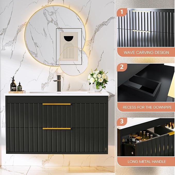 30" Bathroom Vanity with Sink, Floating Vanity Bathroom Sink Cabinet Wall Mount - Image 7