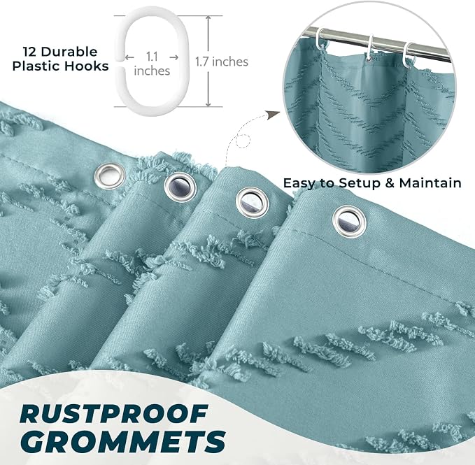Teal Shower Curtain Boho Farmhouse Shower Curtain 72 x 72 Tufted Chevron - Image 5