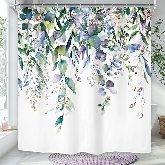 Riyidecor Teal Shower Curtain for Bathroom Decor 72Wx72H Eucalyptus Leaves by Riyidecor