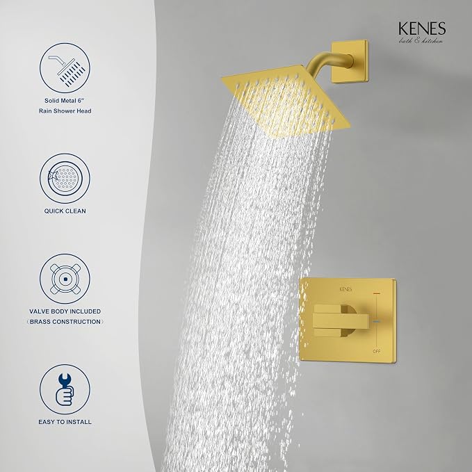 KENES Brushed Gold Shower Faucet, Modern Square 6-Inch Shower Head and Handle - Image 9