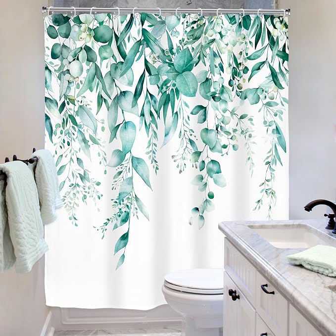 Riyidecor Teal Eucalyptus Leaves Shower Curtain - Image 3
