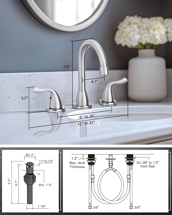 Bathroom Sink Faucet 3 Hole Brushed Nickel, ARCORA 8 Inch Widespread Bathroom - Image 7