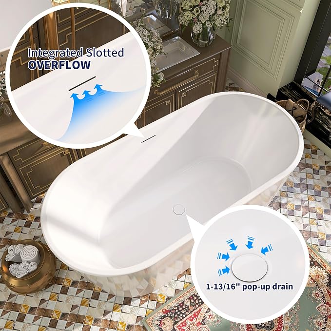 59" Acrylic Free Standing Tub, Stand Alone Tub, Freestanding Bathtub, Soaking - Image 4