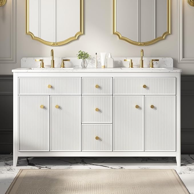 60 Inch Bathroom Vanity with Double Sink, Solid Wood Frame Bathroom Sink by DELUXELIVING