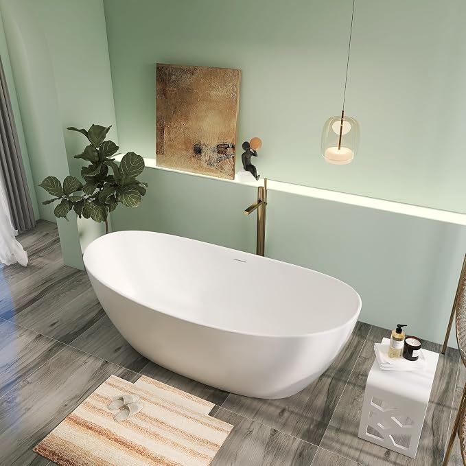 73" Premium Solid Surface Freestanding Bathtub, Contemporary Design Stand Alone - Image 2
