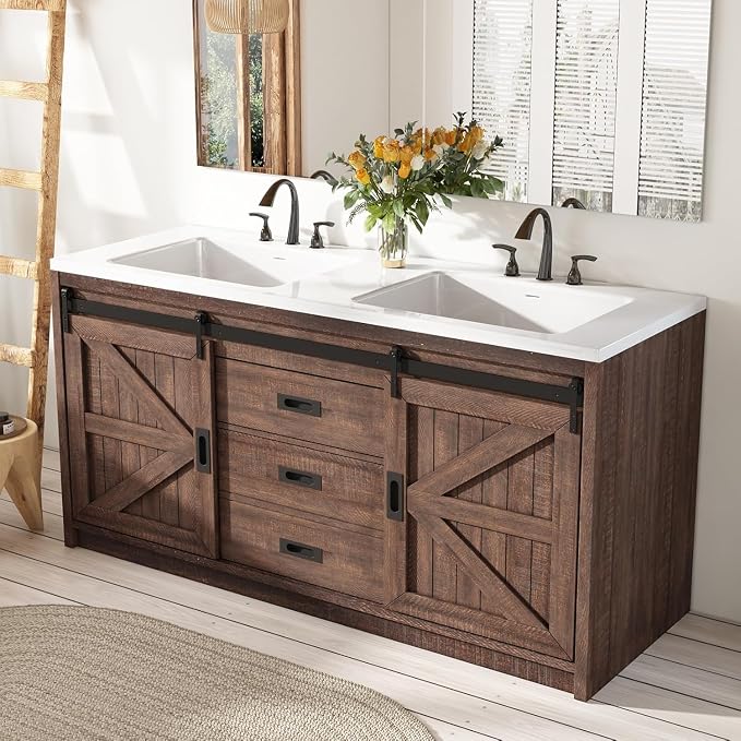 60" Farmhouse Bathroom Double Vanity Sliding Barn Door - Image 2