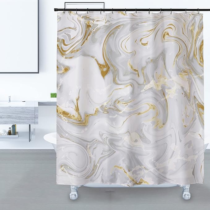 Domoku Grey Gold Marble Shower Curtain, Waterproof Texture Washable Fabric - Image 6