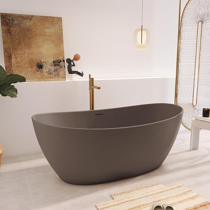 65" Premium Solid Surface Freestanding Bathtub, Contemporary Design Stand Alone - Image 2