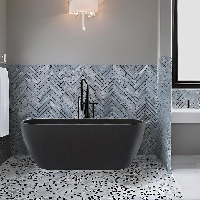 Stone Resin Freestanding Bathtub 63", Terrazzo Bathtub Soaking Tub, Solid - Image 2