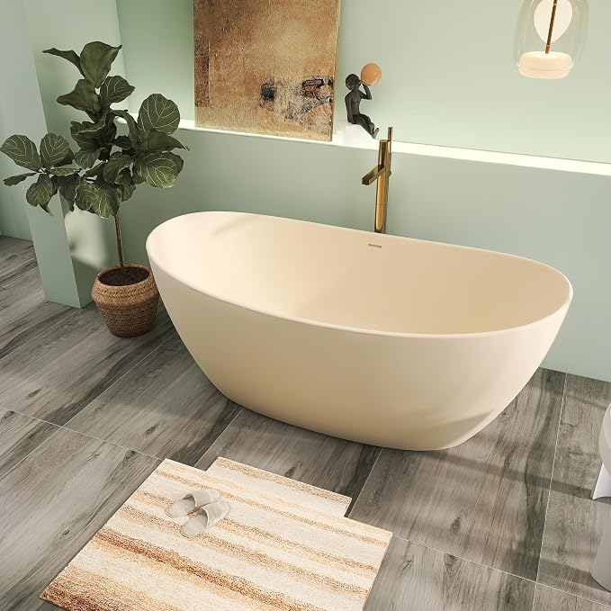 65" Premium Solid Surface Freestanding Bathtub, Modern Cream Design Stone Resin - Image 2