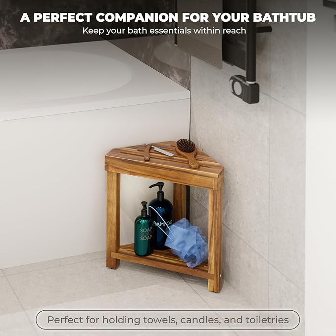 BLUEWEST 16.4" Shower Foot Rest, Corner Shower Stool, Wooden Shower Foot Stool - Image 7