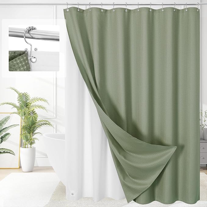 3 in 1 Extra Long Shower Curtain Set-72 W x 84 H, Sage Green Waffle and PEVA by Unknown