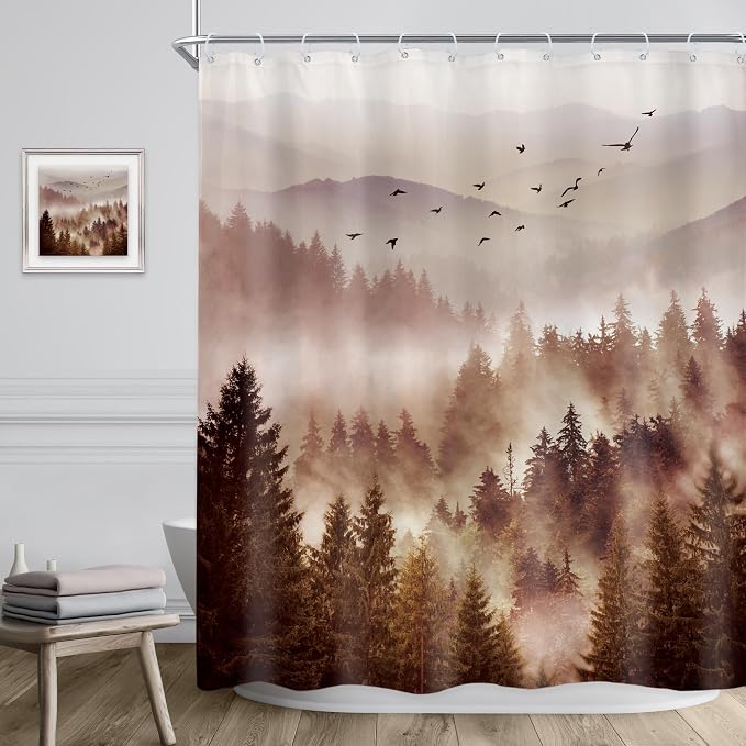 Riyidecor Foggy Mountain Shower Curtain 60Wx72H Inch Abstract Woodland Misty - Image 3