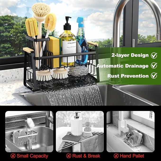 Housolution Sponge Holder for Kitchen Sink, 2-Tier Sink Caddy Organizer - Image 6