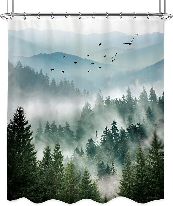 Riyidecor Rustic Green Mountain Shower Curtain - Image 6