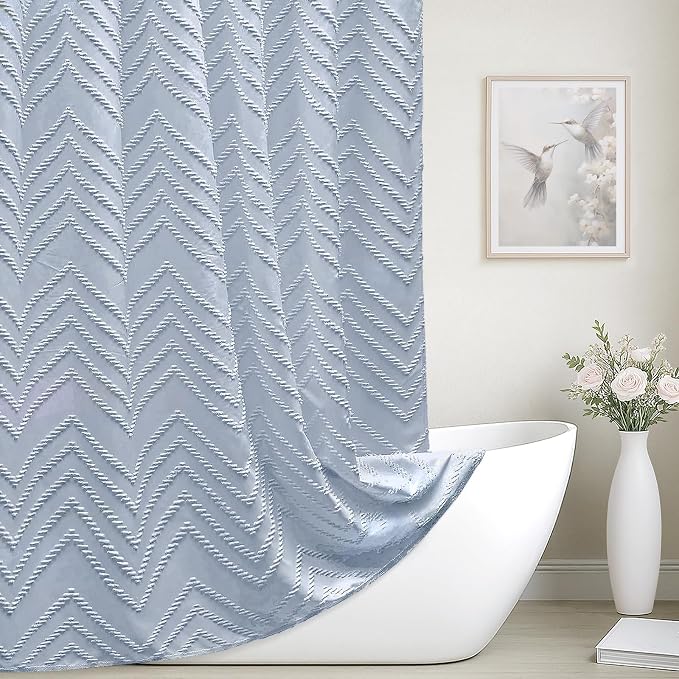 Light Blue Boho Fabric Shower Curtain Tufted Chevron Striped Textured Cloth by TURKIO