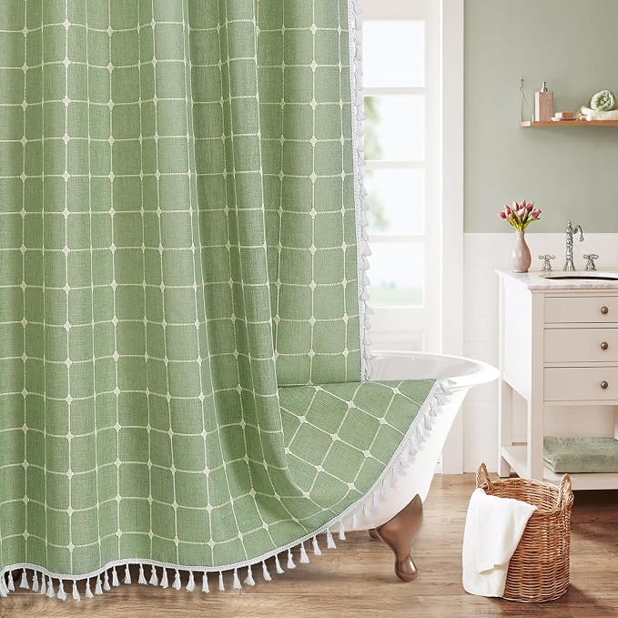 MitoVilla Sage Green Boho Farmhouse Shower Curtains by MitoVilla