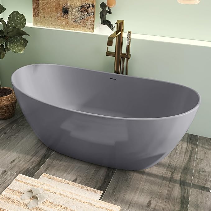 65" Premium Solid Surface Free Standing Bathtub, Upgraded Light Grey Design - Image 3