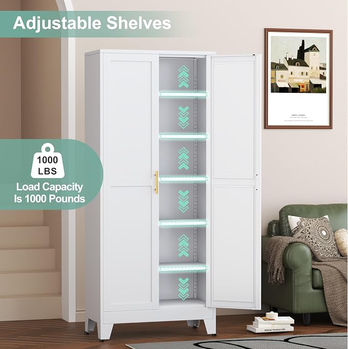 Metal Pantry Cabinet with 2 Doors and 5 Adjustable Shelves, Versatile Storage - Image 4
