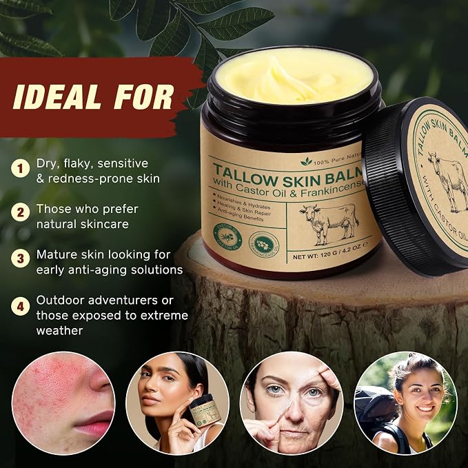 Tallow Frankincense Balm for Face/Body, 100% Grass-Fed Beef Tallow & Castor Oil - Image 8