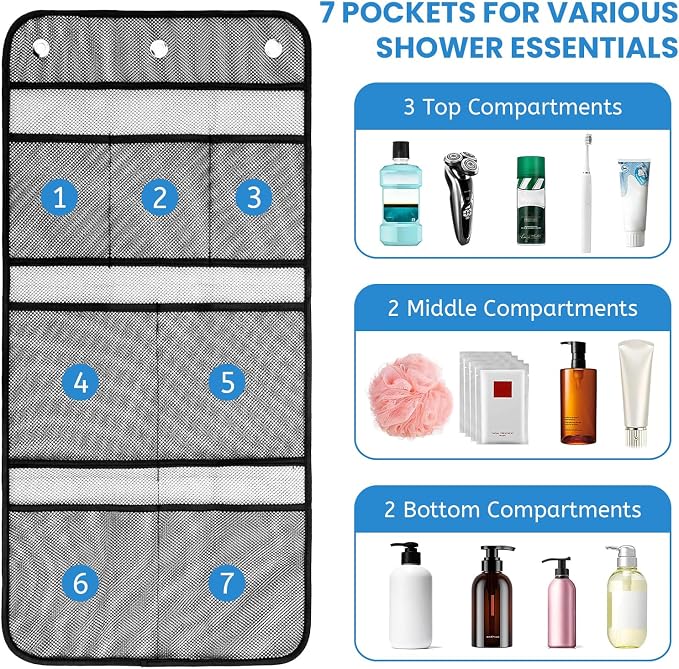 Upgrade 2 Pack Mesh Shower Caddy, 7 Pockets Hanging Shower Organizer - Image 2