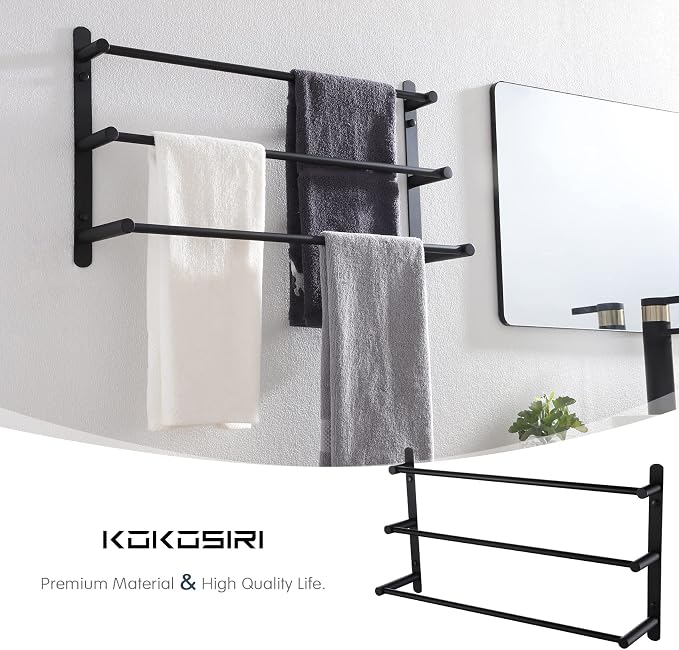 KOKOSIRI Bath Towel Bars Matte Black Bathroom 3-Tiers Ladder Towel Rails Wall - Image 3