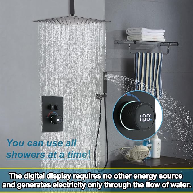 Digital Display Shower System Set 16 Inches Rain Fall Head Temperature Valve - Image 4