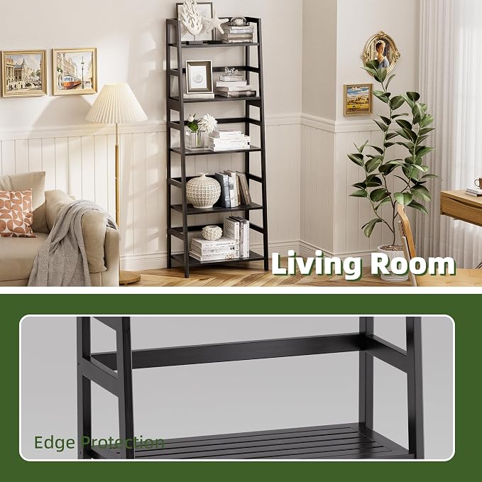 Ladder Shelf, 5-Tier Bookshelf, All Bamboo Heavy Duty Bookcase, Freestanding - Image 6