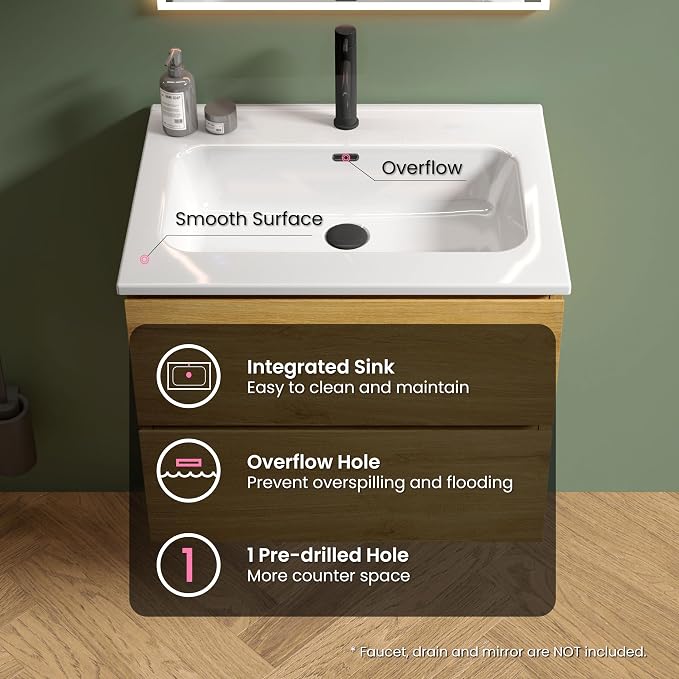 24" Bathroom Vanity with Sink, Modern Floating Vanity with Double Soft Closing - Image 4