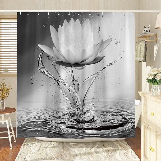 Lotus Shower Curtain Black White Grey Flower Elegant Blooming Floral - Image 3