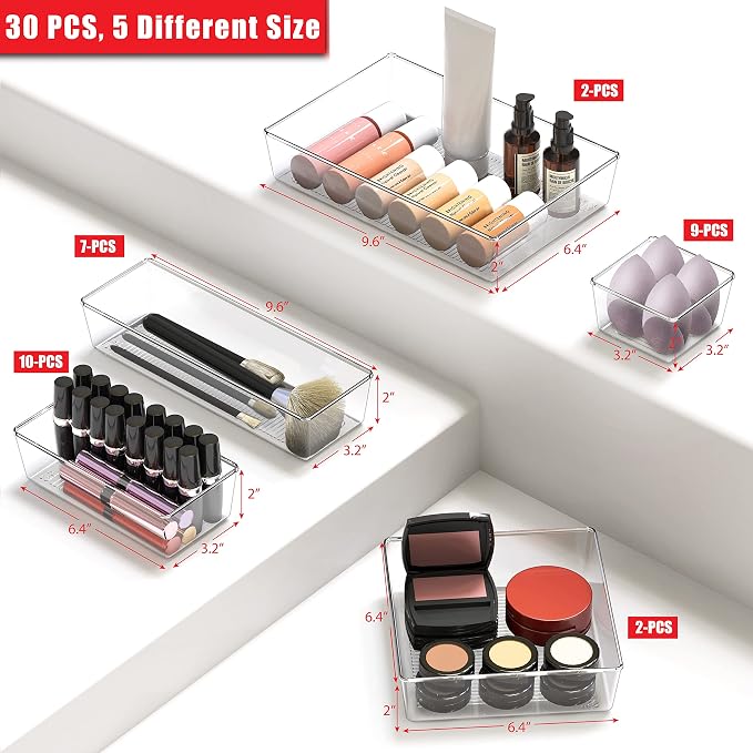 Simple Houseware 30 PCS Clear Plastic Drawer Organizers Set, 5-Size - Image 2