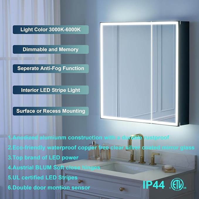WELLFOR 30" X 30" LED Mirrored Medicine Cabinet, Medicine Cabinets - Image 6