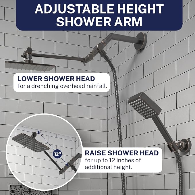 HammerHead® Solid Metal Dual Shower Head Combo — 8" Square Rain Shower Head - Image 4
