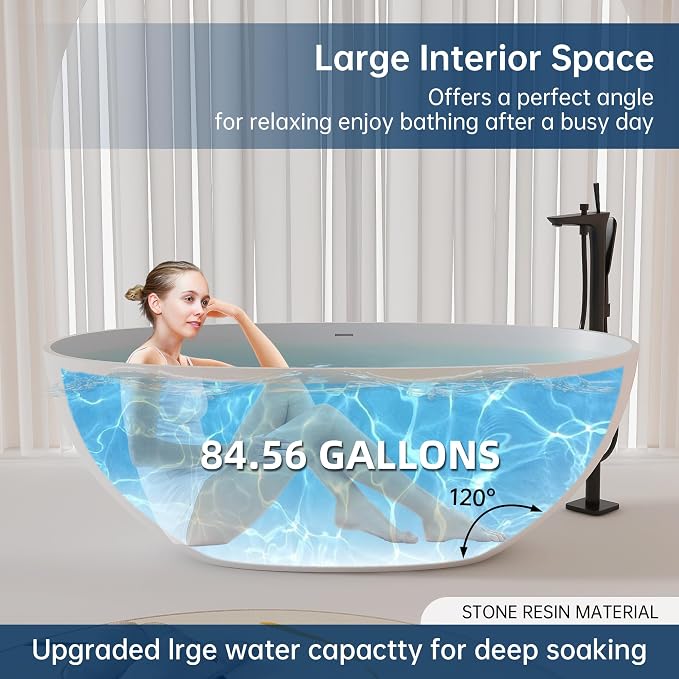 61'' Resin Stone Soaking Bathtub Oval Solid Surface Freestanding Soaking - Image 6