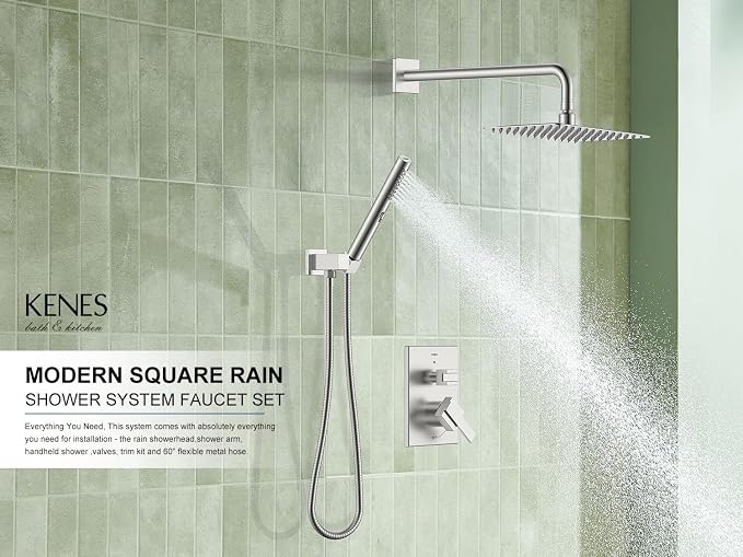 KENES Square Rainfall Shower System Faucet Set, Brushed Nickel Rain Shower Head - Image 2
