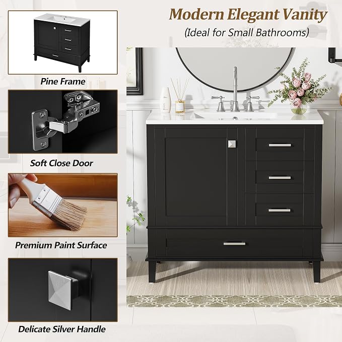 36" Bathroom Vanity with Solid Pine Frame, 1 Soft Close Door and 3 Drawers - Image 5