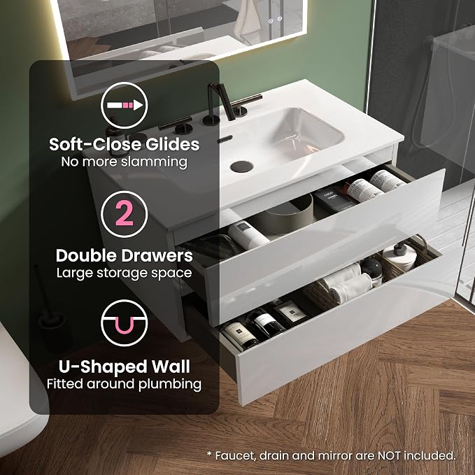 36" Bathroom Vanity with Sink, Modern Floating Vanity with Double Soft-Closing - Image 5