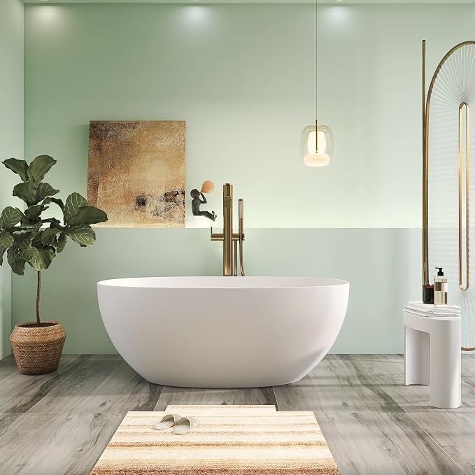 59" Premium Solid Surface Freestanding Bathtubs, Upgraded Matte White Modern by HIGEINE