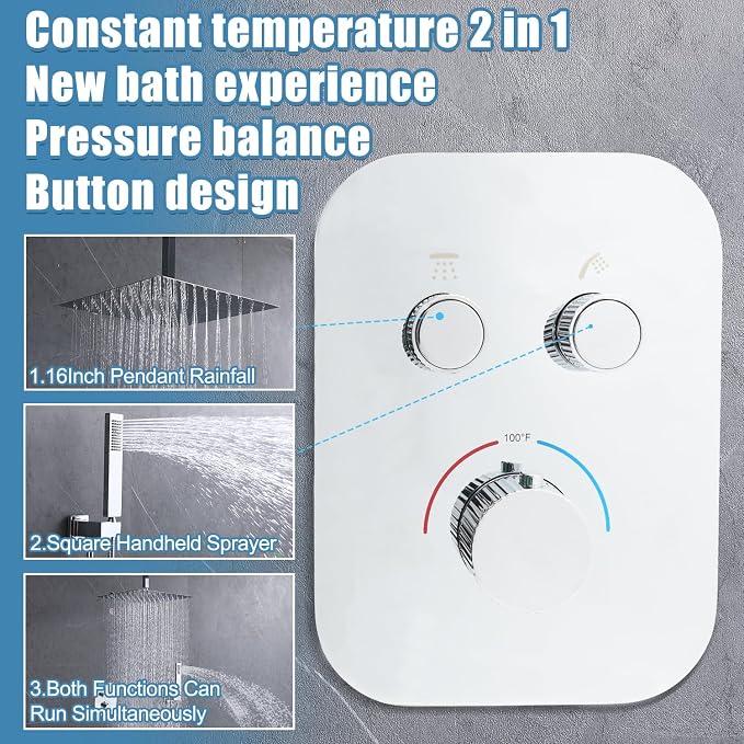 Thermostatic Shower System 16 Inch Ceiling Mount Brushed Chrome Shower System - Image 2