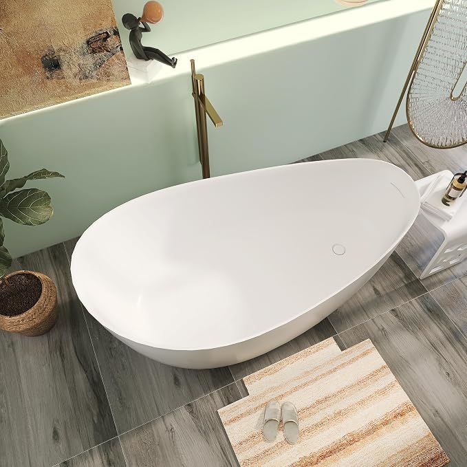 Premium Unique 65" Solid Surface Freestanding Tub, Upgraded Matte White Stone - Image 5