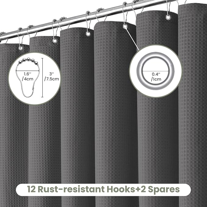 Inhousolu Fabric Shower Curtain Waffle Weave, Graphite Grey 230 GSM Heavy Duty - Image 2