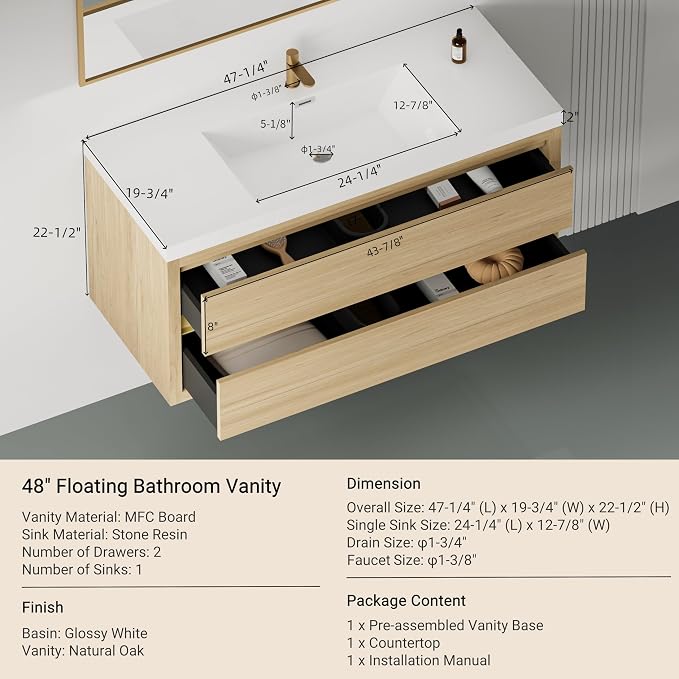 Modern 48" Wall-Mounted Bathroom Vanity - Image 2