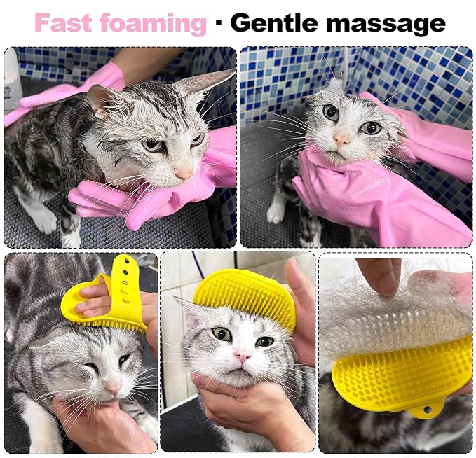 Pet Grooming Gloves and Brush Set, Dog and Cat Bath Scrubber Silicone Gloves - Image 2