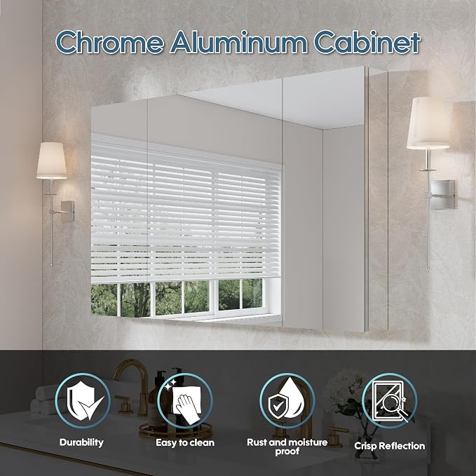 WELLFOR 48" x 30" Rectangle Medicine Cabinet Mirror, Surface Mount or Recessed - Image 3