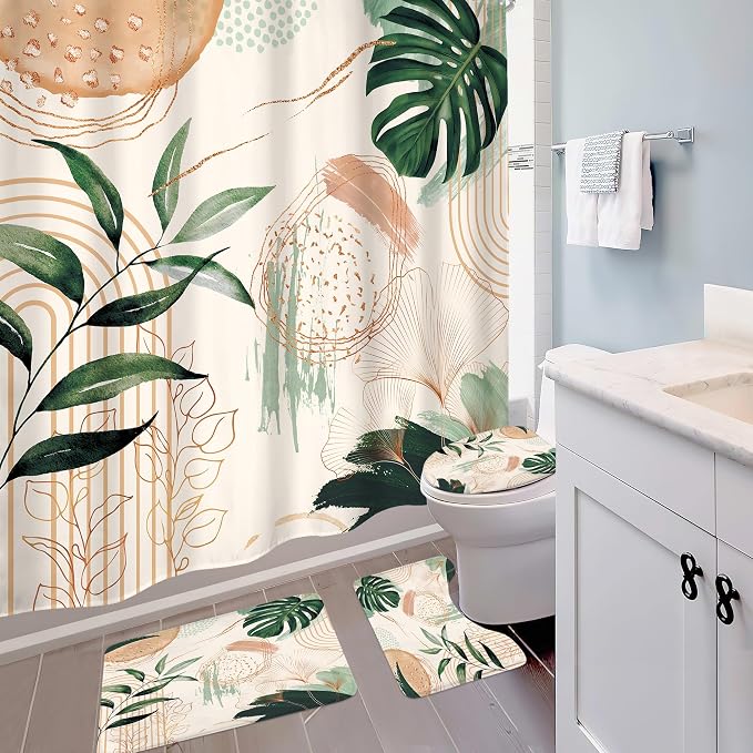 4 PCS Boho Shower Curtain Set 72Wx72H, Non-Slip Bath Rug Toilet Lid Cover and U - Image 3