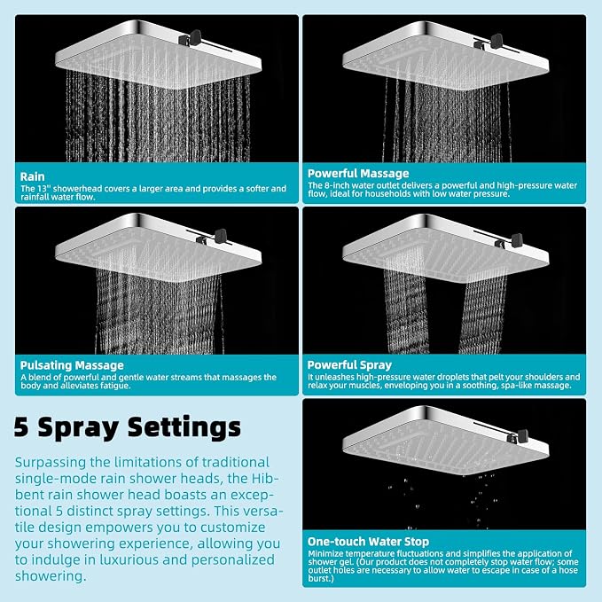 Hibbent Rain Shower Head, Solid Brass Adjustable Shower Arm Extender, Waterfall - Image 2