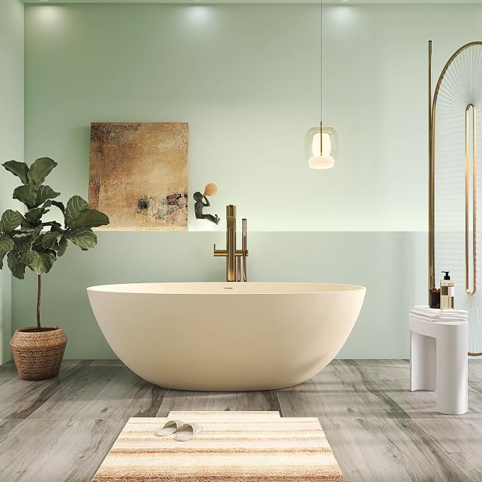 65" Premium Solid Surface Free Standing Bathtub, Upgraded Milky Coffee Design by HIGEINE