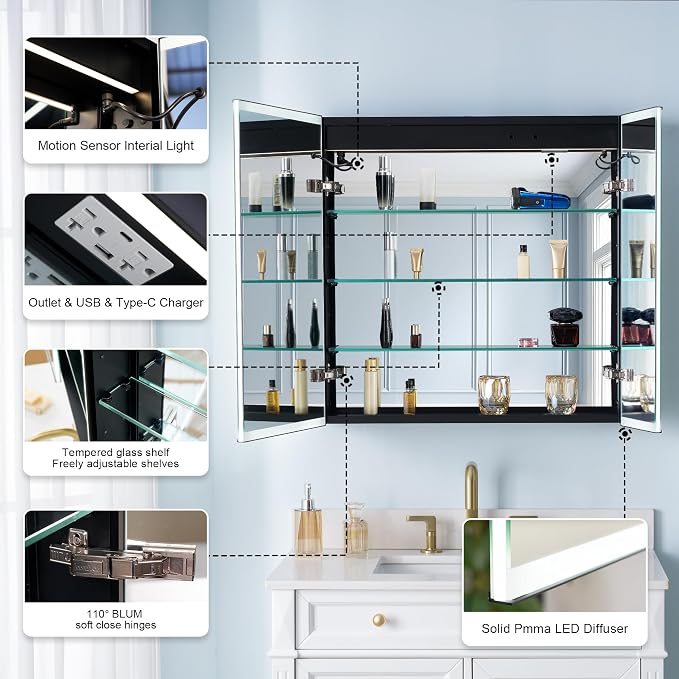 WELLFOR 30" X 30" LED Mirrored Medicine Cabinet, Medicine Cabinets - Image 11