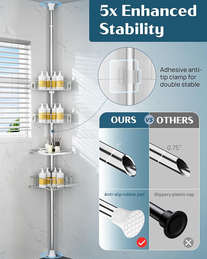 SElRIONE Corner Shower Caddy Tension Pole, Quick Setup, Rust-Free Bathroom - Image 4
