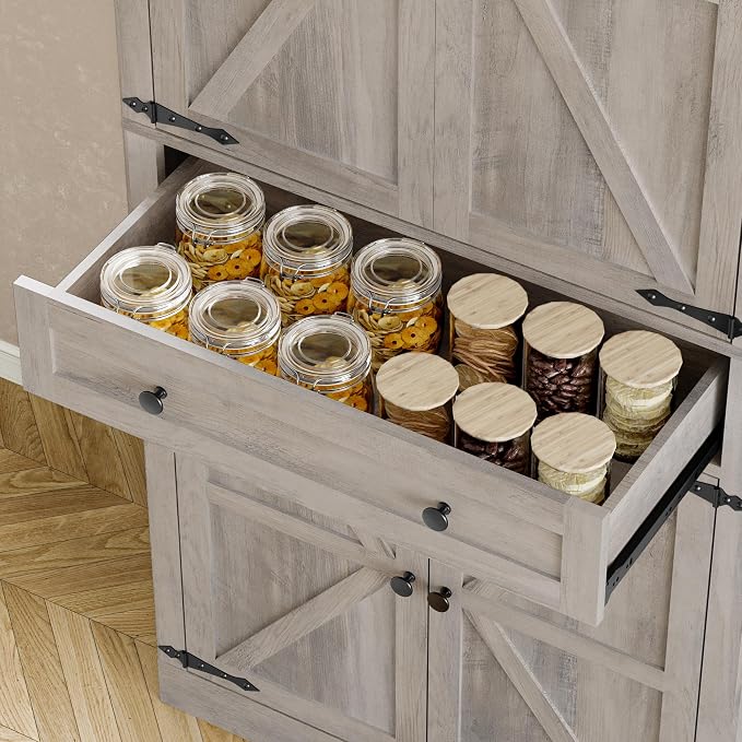 Pantry Organizers and Storage Cabinet, 70” Barn Door White Kitchen Cabinet - Image 7